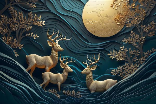 پوستر دیواری سه بعدی طرح برجسته گوزن‌های طلایی و ماه در جنگل رویایی برای پشت تخت خواب