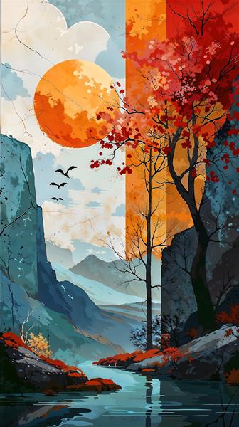تصویر گرافیکی مدرن منظره کوهستان و رودخانه با ماه بزرگ نارنجی جهت چاپ پوستر و تابلو دکوراتیو