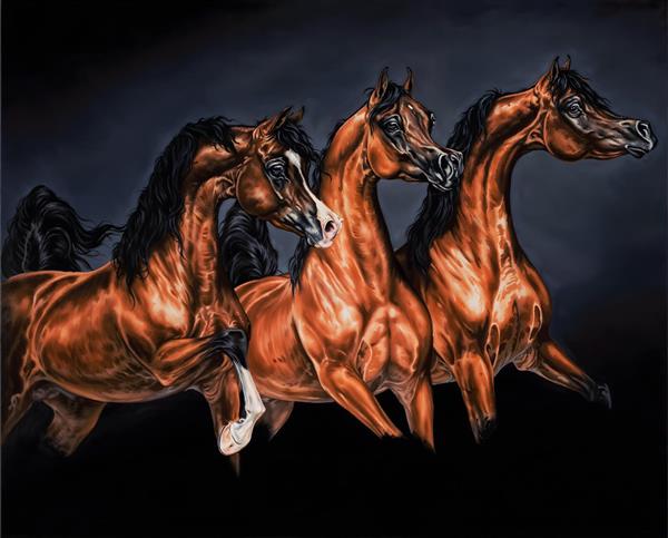 تابلو بوم طرح نقاشی سه اسب قهوه‌ای نجیب در زمینه مشکی مناسب دکوراسیون پذیرایی و اتاق خواب