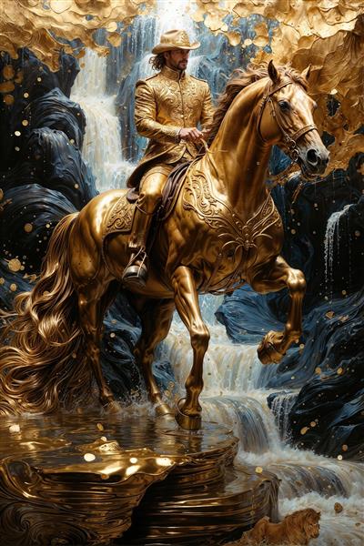 طرح سه بعدی اسب و سوارکار طلایی در کنار آبشار سنگی لوکس‌ترین انتخاب برای پوستر دیواری پشت تلویزیون