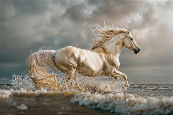 عکس اسب سفید در حال تاختن در ساحل دریا ویژه پوستر دیواری استخر، جکوزی و محیط‌های مرطوب