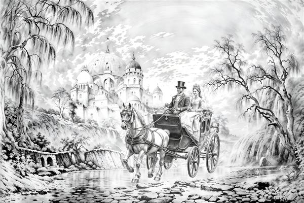 طرح سیاه و سفید کالسکه سلطنتی و قصر رویاها مناسب برای پوستر دیواری کلاسیک و رنگ‌آمیزی بزرگسالان