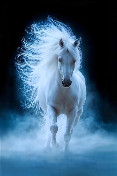 تصویر فانتزی اسب سفید درخشان میان مه آبی و جادویی مخصوص پوستر دیواری اتاق کودک و رویای شبانه
