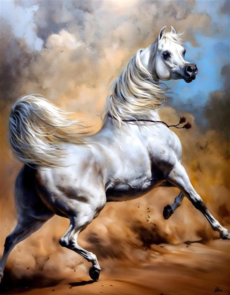 نقاشی هنری اسب سفید اصیل در صحرا با یال‌های بلند ایده آل برای پوستر دیواری لوکس و دکوراسیون لابی مجلل