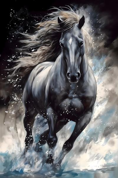 تصویر گرافیکی اسب سیاه قدرتمند میان مه و غبار مناسب پوستر دیواری اتاق خواب پسرانه و باشگاه سوارکاری