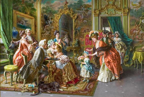 نقاشی کلاسیک اروپایی از مجلس مهمانی اشراف در عمارت سلطنتی مناسب برای پوستر دیواری پذیرایی و چاپ تابلو بوم