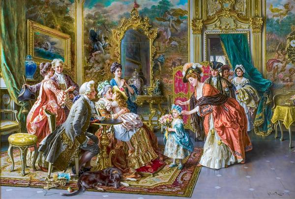 نقاشی خانوادگی اشرافی با حضور کودکان و حیوانات خانگی ایده آل برای پوستر دیواری اتاق کودک و نشیمن