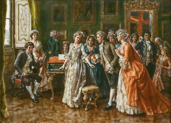 نقاشی گروهی از اشراف زادگان در حال نواختن پیانو و آواز طرحی زیبا برای پوستر دیواری آموزشگاه موسیقی و لابی هتل