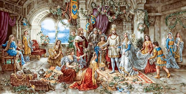 تابلو نقاشی حماسی از دربار پادشاه و شوالیه ها مناسب برای پوستر دیواری اتاق خواب بزرگسال و تم های قرون وسطایی