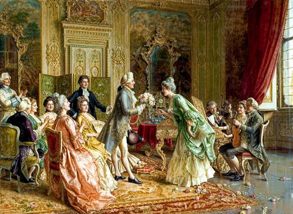 تصویر باکیفیت مهمانی مجلل قرن هجدهم با نوازندگان زنده بهترین انتخاب برای پوستر دیواری پشت میز پذیرش و سالن موسیقی