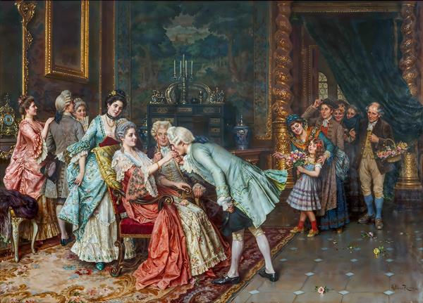 طرح نقاشی خواستگاری عاشقانه در فضای داخلی کلاسیک برای پوستر دیواری سالن عقد و اتاق خواب