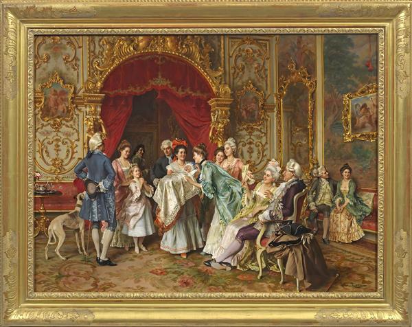 تابلو نقاشی خانواده اشرافی و فرزند نوزاد با قاب طلایی دکوراتیو مناسب اتاق خواب و فضای خانوادگی