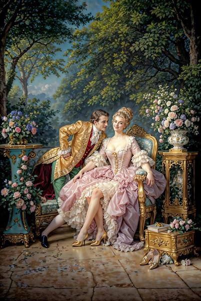 پوستر دیواری طرح نقاشی عاشقانه فرانسوی در باغ گل ویژه اتاق خواب مستر و دیوارهای دکوراتیو