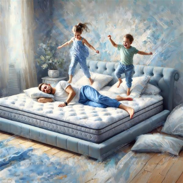 پوستر دیواری شاد کودکانه طرح پرش روی تخت با پدر مناسب برای اتاق خواب بچه‌ها، مهدکودک و تبلیغات کالای خواب