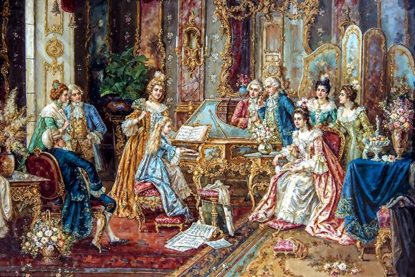 طرح باکیفیت کنسرت موسیقی در تالار سلطنتی قرن هجدهم ویژه چاپ روی بوم و کاغذ دیواری سه بعدی سالن پذیرایی بزرگ