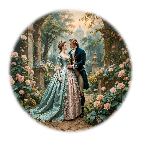 نقاشی کلاسیک اروپایی زوج عاشق در باغ گل ایده آل برای تابلو دکوراتیو اتاق خواب و پوستر دیواری پذیرایی هتل‌های مجلل