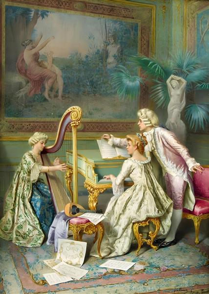 طرح نقاشی باروک نوازندگی چنگ و پیانو در عمارت باشکوه جهت کاغذ دیواری سه بعدی سالن پذیرایی و ویلا