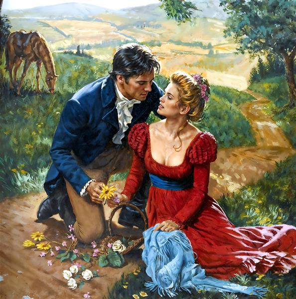 طرح نقاشی کلاسیک ابراز عشق در دشت با اسب ویژه پوستر دیواری اتاق خواب و قاب عکس دکوراتیو