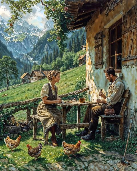 نقاشی منظره روستایی کوهستان آلپ با کلبه چوبی و زوج روستایی مناسب پوستر دیواری پذیرایی و تابلو دکوراتیو اتاق خواب