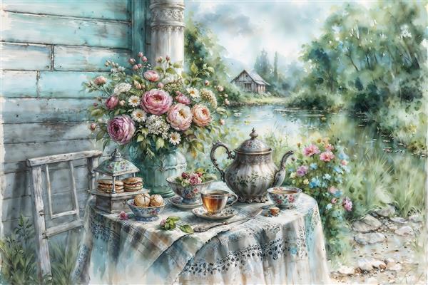 طرح آبرنگی میز چای در کنار پنجره رو به منظره طبیعت ویژه چاپ پرده، رومیزی و پوستر دیواری آرامش‌بخش