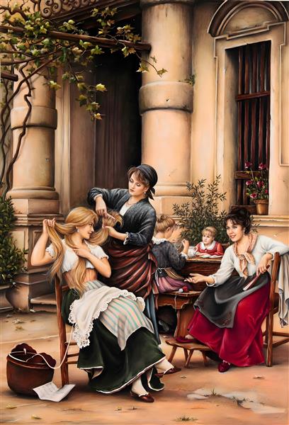 نقاشی سنتی زنان در حال آرایش مو در حیاط عمارت قدیمی جهت استفاده در آرایشگاه زنانه و قاب دکوراتیو