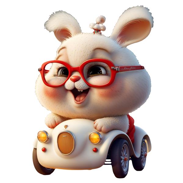 خرگوش عینکی خوشحال سوار بر ماشین فانتزی سفید جهت چاپ روی پرده، فرش کودک و دفترچه یادداشت