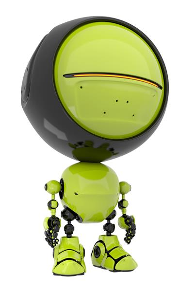 کاراکتر ربات کروی سبز و مدرن با طراحی مینیمال برای پوستر دیواری سه بعدی و دکوراسیون اتاق مطالعه