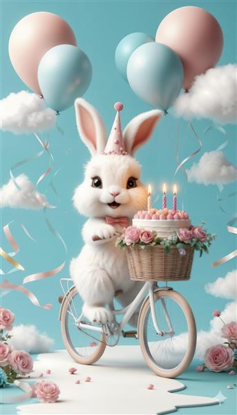 تصویر کارتونی خرگوش ناز روی دوچرخه با کیک تولد و بادکنک ویژه چاپ روتختی و کاغذ دیواری اتاق نوزاد