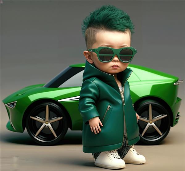 پوستر دیواری پسر بچه لاکچری با موی سبز و ماشین اسپرت برای اتاق خواب کودک و مهدکودک