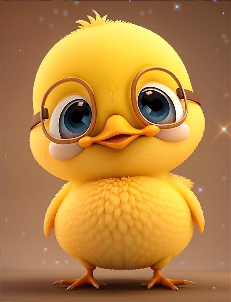 جوجه زرد کوچک با عینک گرد بزرگ طرح فانتزی و باهوش برای پوستر دیواری مهدکودک و تزئینات محیط آموزشی
