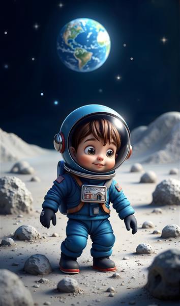 فضانورد کوچک روی سطح کره ماه با نمای زمین در پس‌زمینه برای پوستر دیواری سه بعدی سقف و اتاق خواب نوجوان