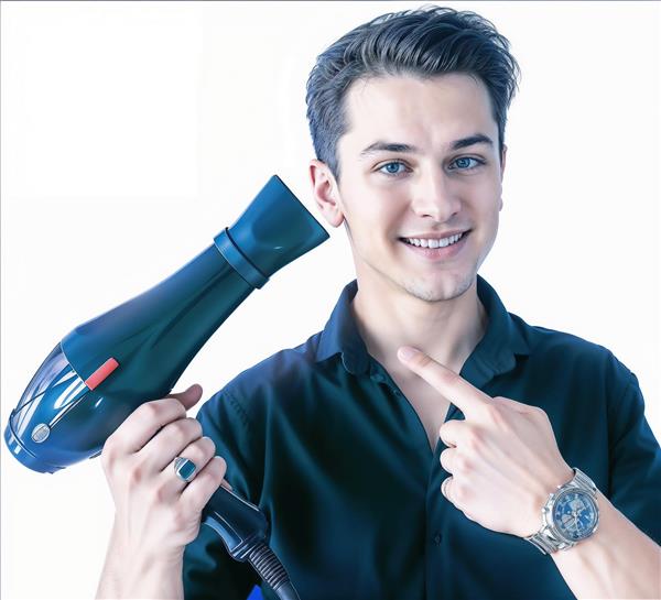 مدل مرد جوان با سشوار ویژه پوستر دیواری آرایشگاه مردانه، سالن زیبایی و بنرهای تبلیغاتی پیرایش