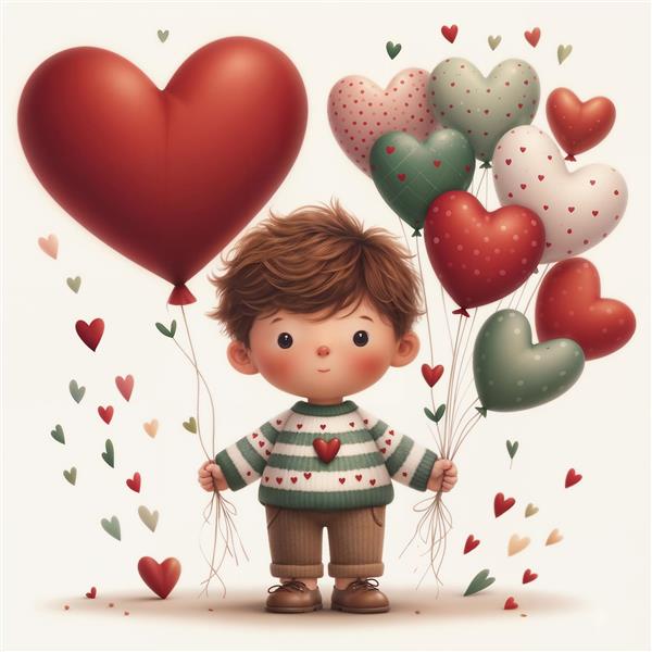 پسر بچه مهربان با بادکنک‌های قلبی رنگارنگ طرح رمانتیک برای پوستر دیواری اتاق کودک و تزیین جشن تولد