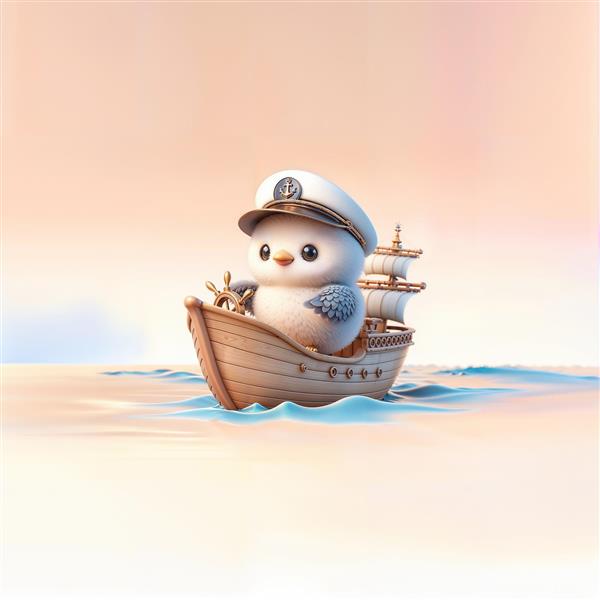 پرنده کوچک ملوان سوار بر کشتی چوبی در دریا طرح فانتزی برای پوستر دیواری سرویس بهداشتی و حمام یا مهدکودک