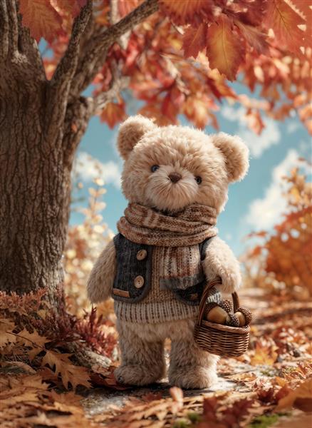 خرس تدی مهربان در جنگل پاییزی با سبد بلوط طرح سه بعدی برای پوستر دیواری پذیرایی و چاپ روی روتختی کودک