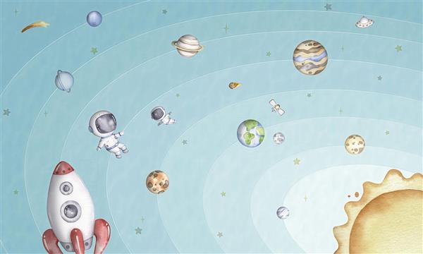 منظومه شمسی و فضانورد کوچک در فضا طرح نقاشی برای پوستر دیواری سقف، کاغذ دیواری اتاق پسرانه و پرده چاپ شده