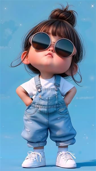 تصویر فانتزی دختر بچه با عینک آفتابی و لباس جین مناسب پوستر دیواری اتاق نوجوان و چاپ روی بوم و کوسن
