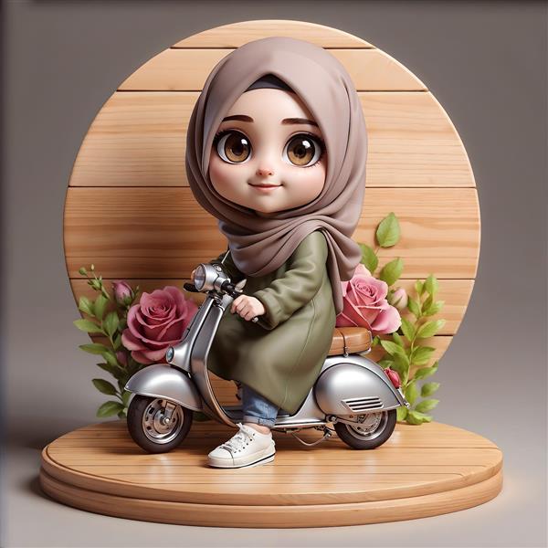دختر کوچولوی باحجاب سوار بر موتور وسپا طرح فانتزی و عروسکی برای پوستر دیواری اتاق کودک و نوزاد و چاپ روی دفترچه