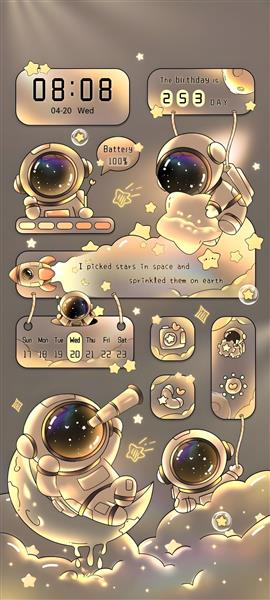 پس‌زمینه موبایل فانتزی با المان‌های فضانورد، ماه و ستاره‌های طلایی مناسب چاپ روی دفترچه و قاب گوشی