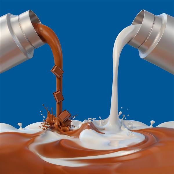 طرح سه بعدی ریزش شیر و شکلات با پس‌زمینه آبی ویژه پوستر دیواری آشپزخانه، کافه، لبنیاتی و تابلوی دکوراتیو