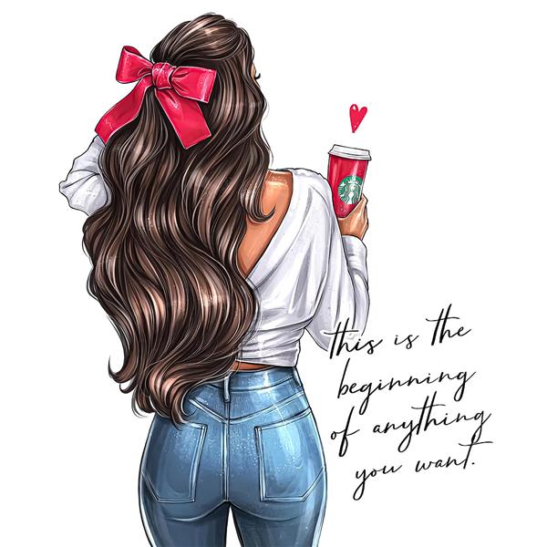 تصویر تصویرسازی دختر از پشت با موهای بلند و فنجان قهوه مناسب پوستر دیواری اتاق خواب، سالن آرایش و دفترچه فانتزی