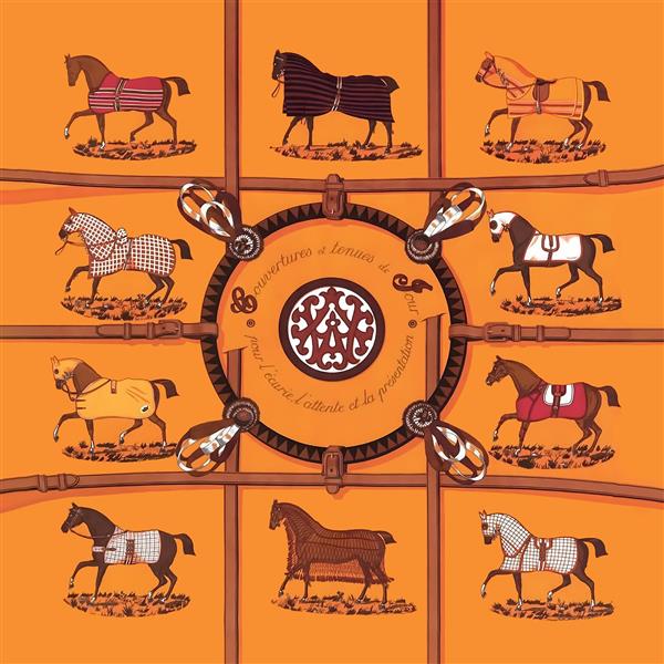 طرح لوکس اسب‌های مهار شده با استایل برندهای معروف برای چاپ روسری، پرده پانچی و تابلو دکوراتیو عمارت و هتل