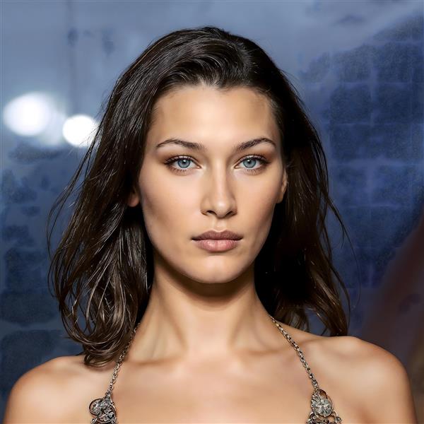 پوستر دیواری چهره بلا حدید (Bella Hadid) با میکاپ حرفه‌ای مناسب دکور پشت آینه آرایشگاه و کلینیک زیبایی