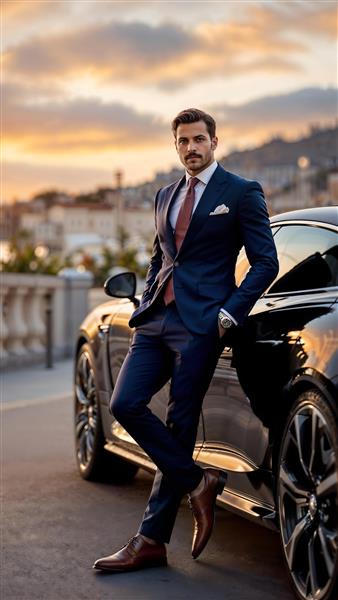 پوستر دیواری لوکس مرد ثروتمند در کنار خودروی اسپرت مشکی برای دکوراسیون نمایشگاه ماشین و دفتر کار