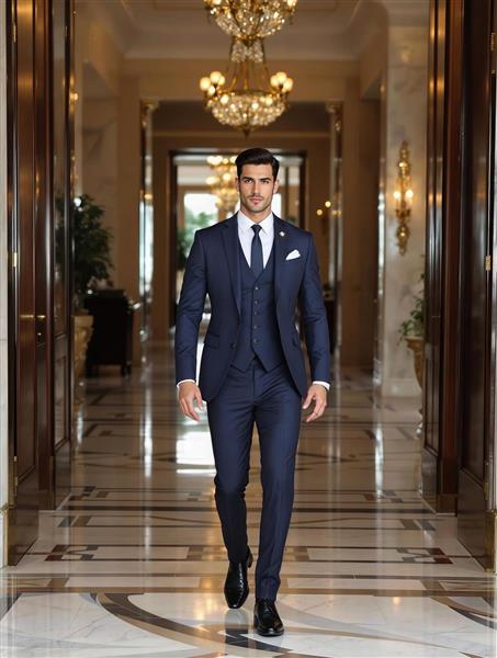 تصویر باکیفیت مرد خوش‌پوش با کت و شلوار سرمه‌ای در لابی هتل مناسب پوستر دیواری پشت میز مدیریت