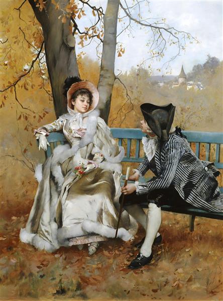 تابلو نقاشی رنگ روغن زوج اشرافی در باغ پاییز ویژه چاپ پوستر دیواری کلاسیک پذیرایی و عمارت‌های لوکس