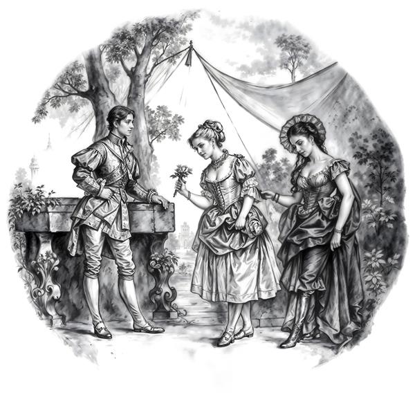 نقاشی کلاسیک سیاه و سفید از ملاقات عاشقانه در طبیعت مناسب پوستر دیواری لابی هتل و تابلوی دکوراتیو کافه