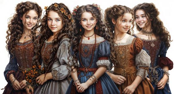 تصویر گرافیکی پنج دختر با لباس‌های محلی اروپایی ایده‌آل برای پوستر دیواری اتاق کودک و تزیین مهدکودک