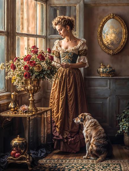 طرح دکوراتیو بانو و سبد گل در اتاق نشیمن کلاسیک همراه با سگ خانگی برای پوستر دیواری اتاق خواب و پذیرایی