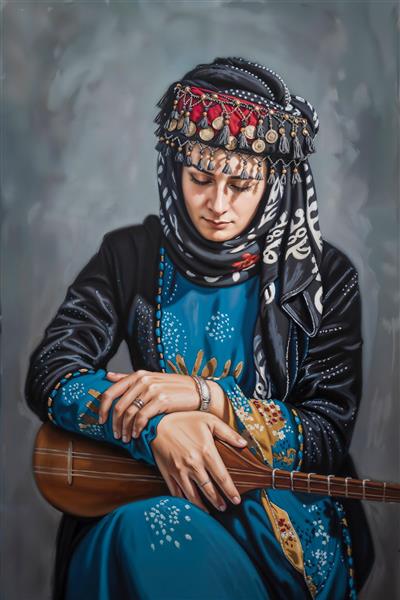 نقاشی زن کرد با ساز تنبور و لباس محلی رنگارنگ جهت دکوراسیون آموزشگاه موسیقی و رستوران‌های سنتی ایرانی